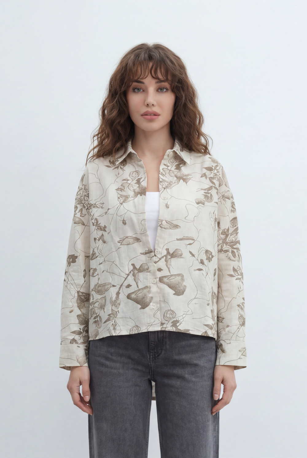 Women’s Tomato Store Ink Bloom Blouse With Smooth Woven Texture Allover Floral Sketch Print Abstract Line Artwork
