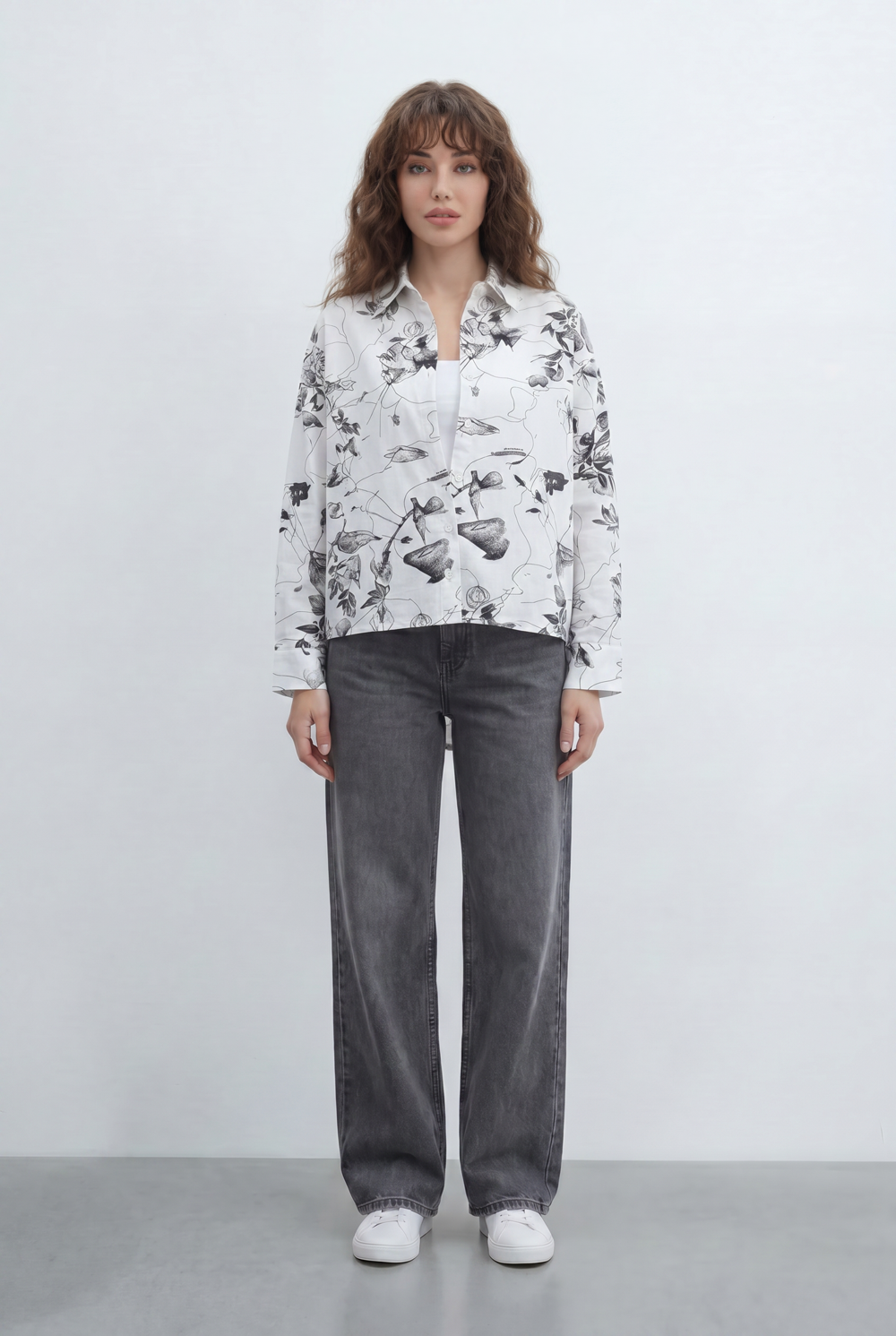 Women’s Tomato Store Ink Bloom Blouse With Smooth Woven Texture Allover Floral Sketch Print Abstract Line Artwork