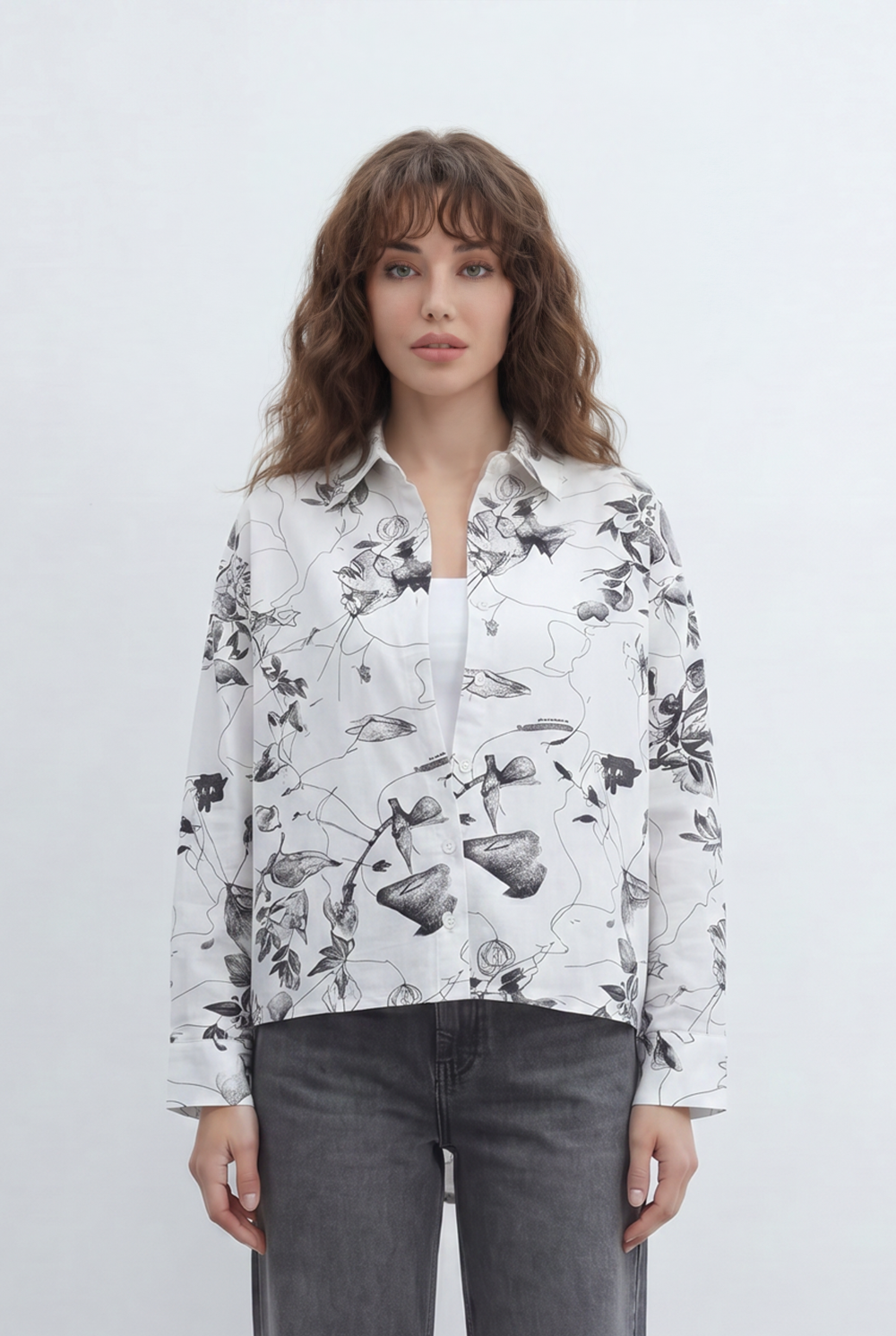 Women’s Tomato Store Ink Bloom Blouse With Smooth Woven Texture Allover Floral Sketch Print Abstract Line Artwork
