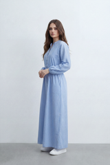 Women’s Tomato Store Nomad Stripe Maxi Dress Vertical Line Pattern Over Crinkled Surface Button Placket