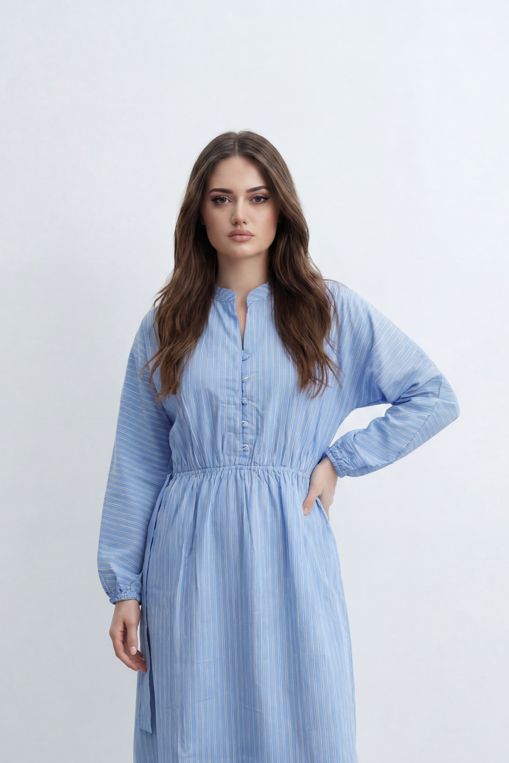 Women’s Tomato Store Nomad Stripe Maxi Dress Vertical Line Pattern Over Crinkled Surface Button Placket