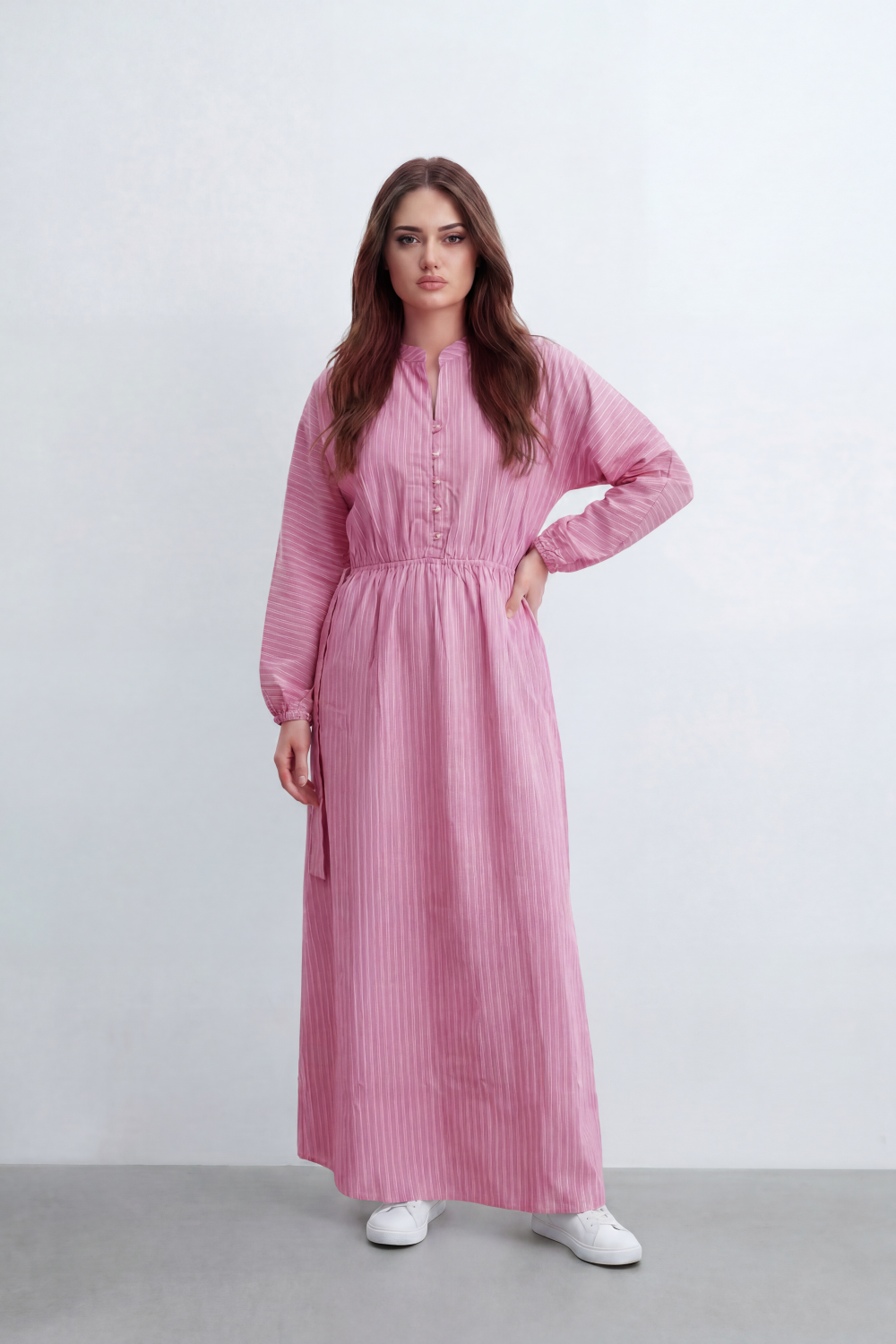 Women’s Tomato Store Nomad Stripe Maxi Dress Vertical Line Pattern Over Crinkled Surface Button Placket