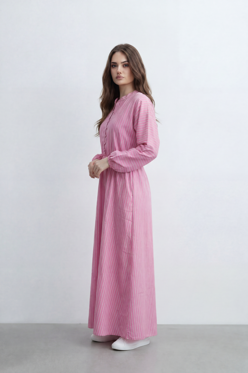 Women’s Tomato Store Nomad Stripe Maxi Dress Vertical Line Pattern Over Crinkled Surface Button Placket