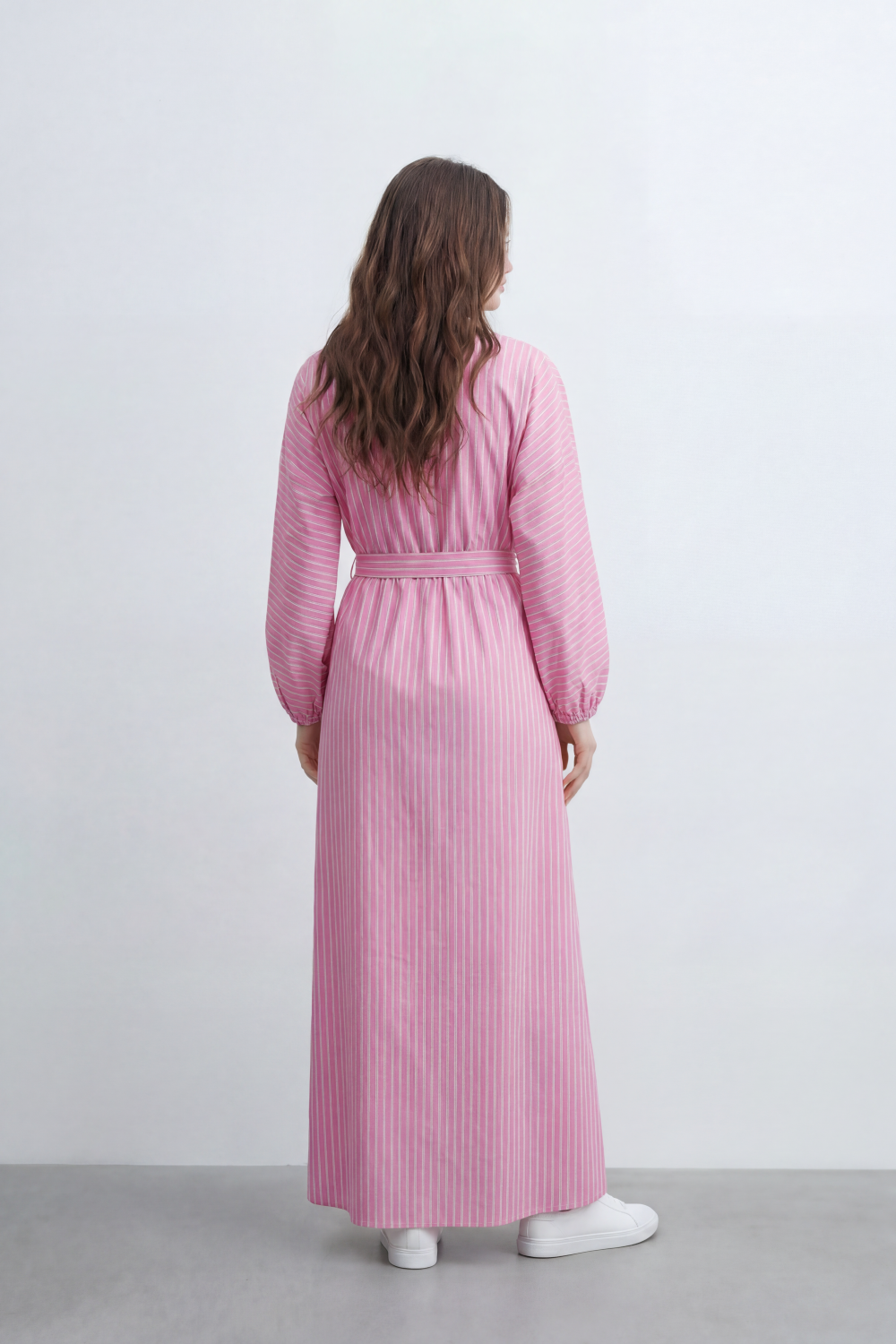 Women’s Tomato Store Nomad Stripe Maxi Dress Vertical Line Pattern Over Crinkled Surface Button Placket
