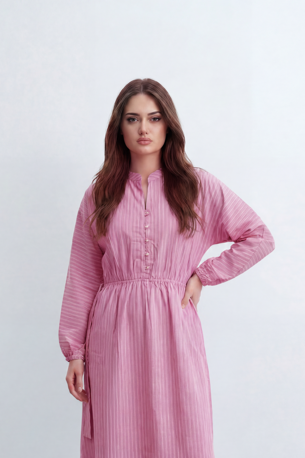 Women’s Tomato Store Nomad Stripe Maxi Dress Vertical Line Pattern Over Crinkled Surface Button Placket