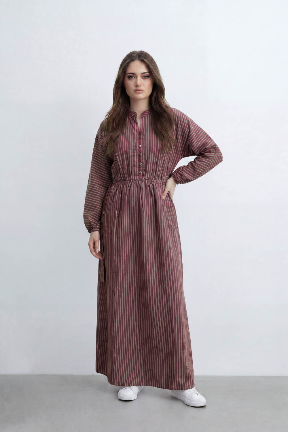 Women’s Tomato Store Nomad Stripe Maxi Dress Vertical Line Pattern Over Crinkled Surface Button Placket
