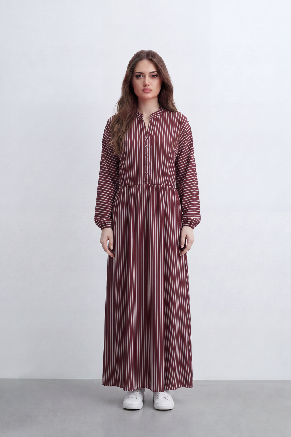 Women’s Tomato Store Nomad Stripe Maxi Dress Vertical Line Pattern Over Crinkled Surface Button Placket