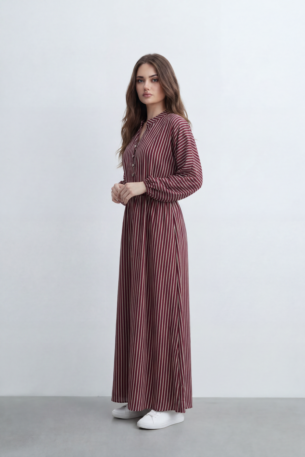 Women’s Tomato Store Nomad Stripe Maxi Dress Vertical Line Pattern Over Crinkled Surface Button Placket