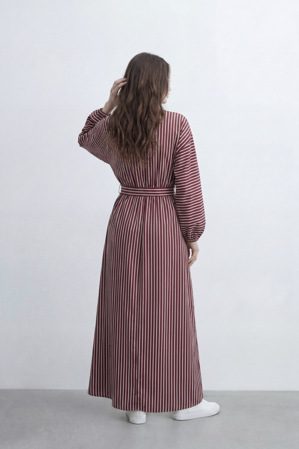 Women’s Tomato Store Nomad Stripe Maxi Dress Vertical Line Pattern Over Crinkled Surface Button Placket