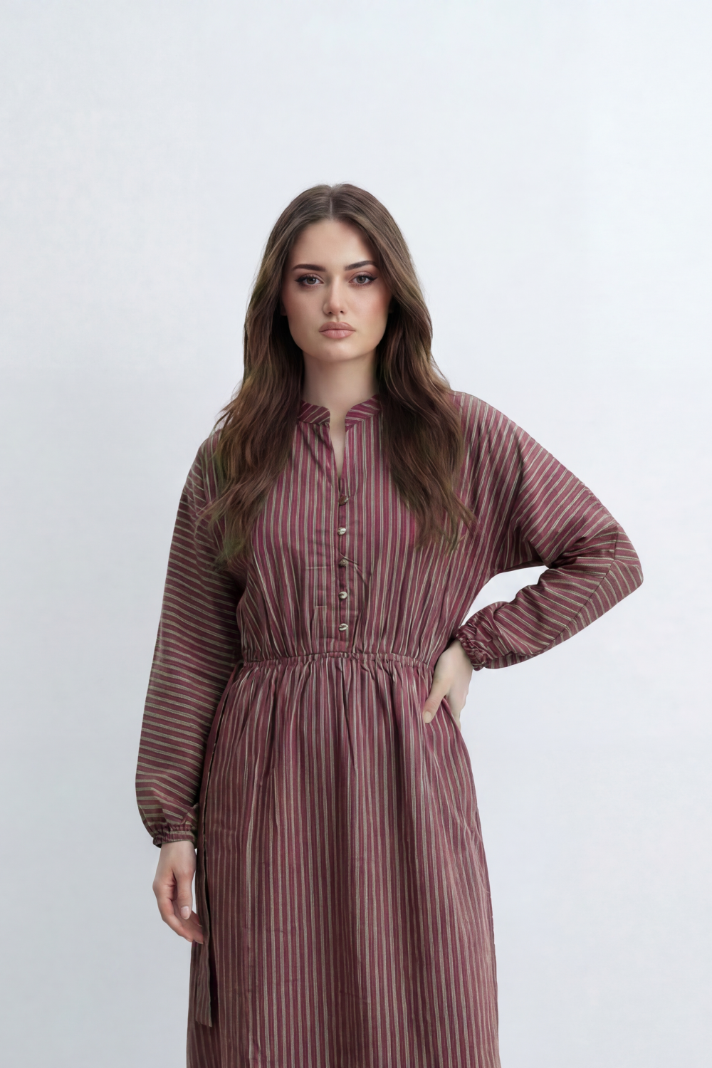 Women’s Tomato Store Nomad Stripe Maxi Dress Vertical Line Pattern Over Crinkled Surface Button Placket