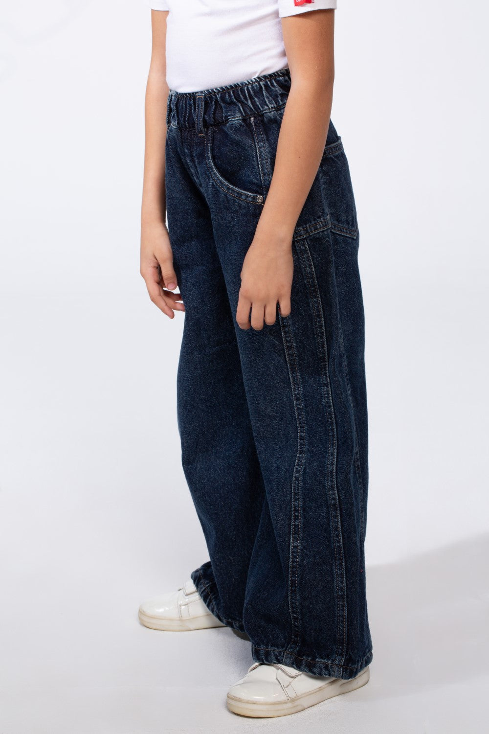 Girl's Boy Friend Denim With Comfort Elastic Waist Vertical Seam Details With Pockets Modern Casual Jeans Pants