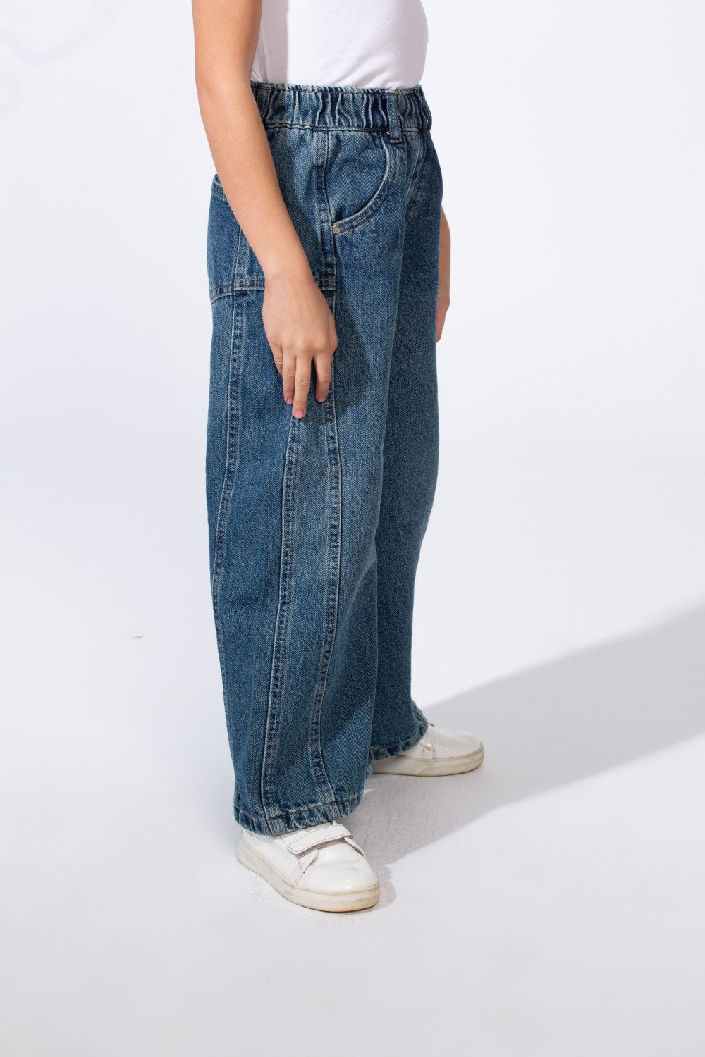 Girl's Boy Friend Denim With Comfort Elastic Waist Vertical Seam Details With Pockets Modern Casual Jeans Pants