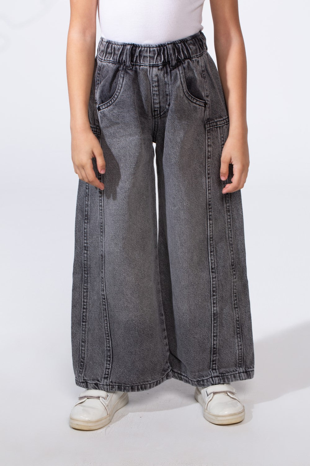 Girl's Boy Friend Denim With Comfort Elastic Waist Vertical Seam Details With Pockets Modern Casual Jeans Pants