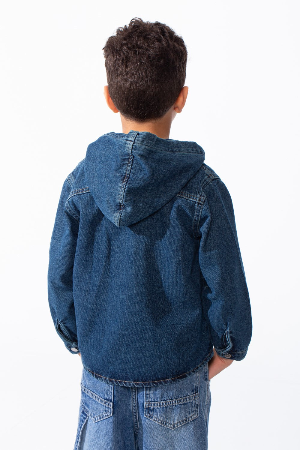 Boy's Long Sleeve Snap-Buttons With Side Flab Pocket Designed Hooded Denim Box Fit Jacket
