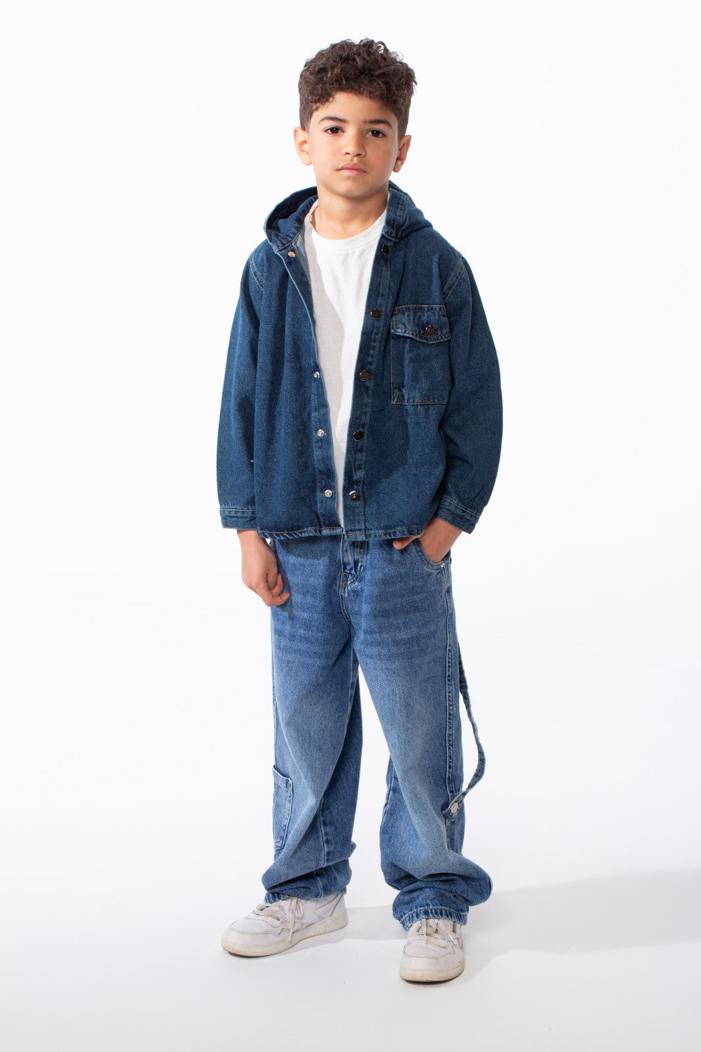 Boy's Long Sleeve Snap-Buttons With Side Flab Pocket Designed Hooded Denim Box Fit Jacket