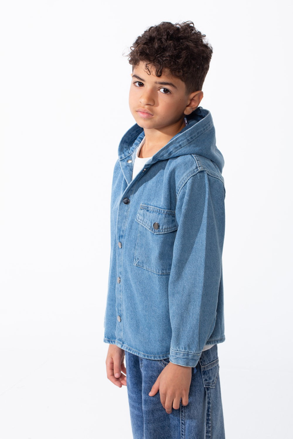 Boy's Long Sleeve Snap-Buttons With Side Flab Pocket Designed Hooded Denim Box Fit Jacket