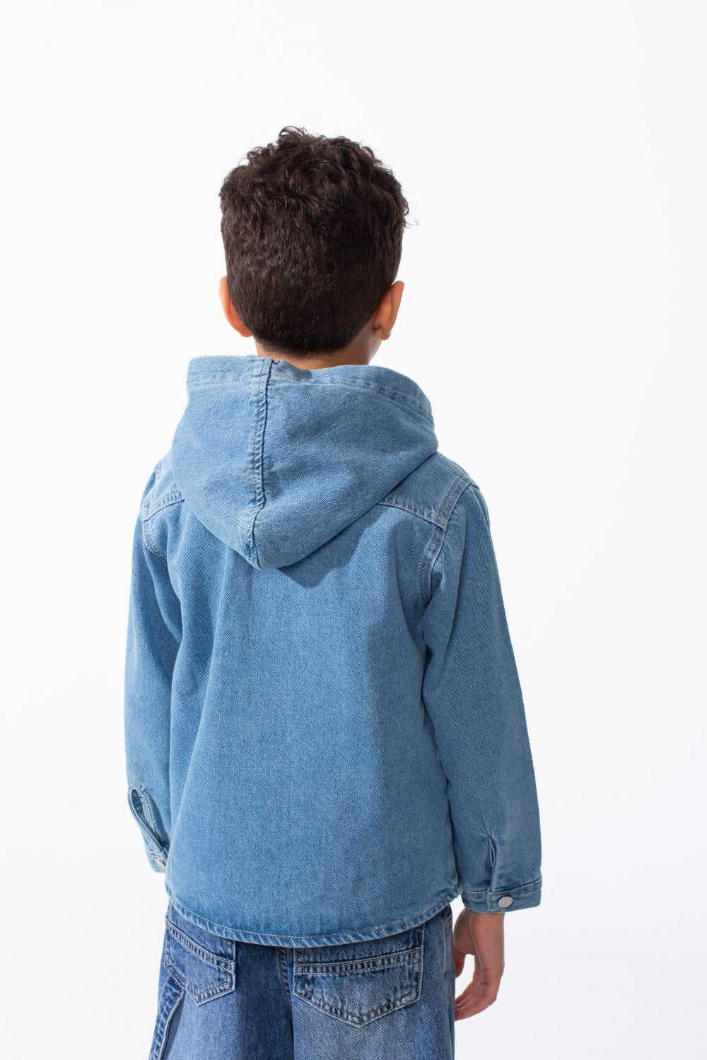 Boy's Long Sleeve Snap-Buttons With Side Flab Pocket Designed Hooded Denim Box Fit Jacket