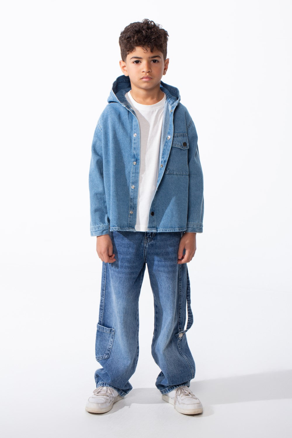 Boy's Long Sleeve Snap-Buttons With Side Flab Pocket Designed Hooded Denim Box Fit Jacket