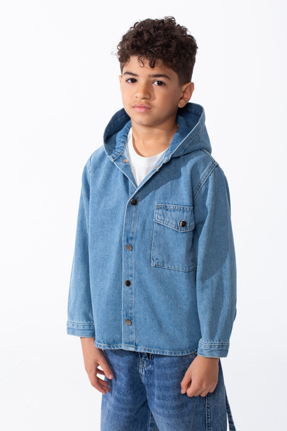 Boy's Long Sleeve Snap-Buttons With Side Flab Pocket Designed Hooded Denim Box Fit Jacket