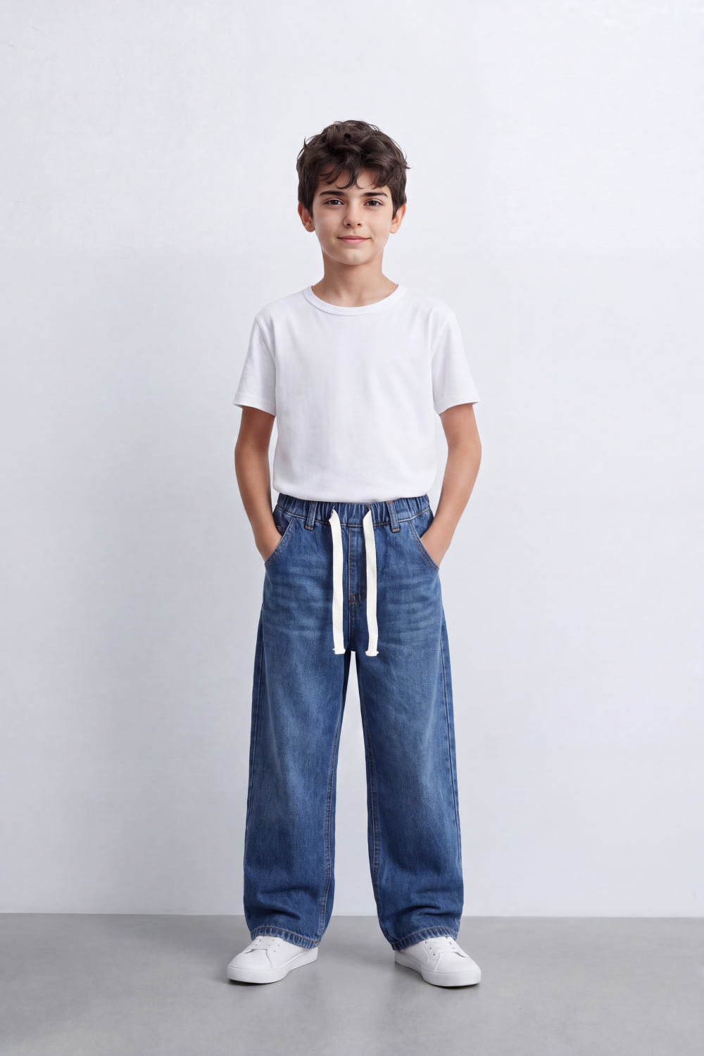 Boy's Tomato Store Boyfriend Denim Jeans Pants With Elastic Waistband And Drawstring Detail
