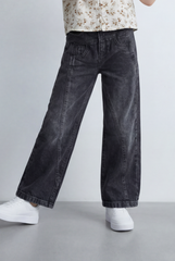 Girl's Tomato Store Wide Leg Denim Pants Drawcord Waist Cropped Length Utility Pocket Detail Washed Finish