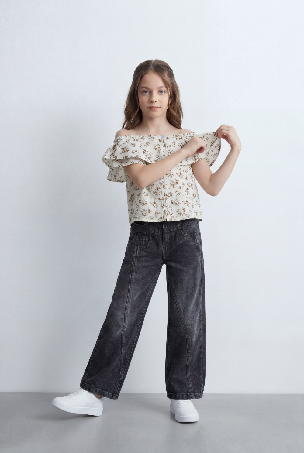 Girl's Tomato Store Wide Leg Denim Pants Drawcord Waist Cropped Length Utility Pocket Detail Washed Finish