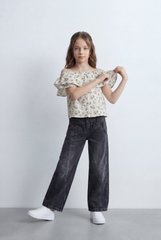 Girl's Tomato Store Wide Leg Denim Pants Drawcord Waist Cropped Length Utility Pocket Detail Washed Finish