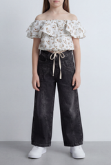 Girl's Tomato Store Wide Leg Denim Pants Drawcord Waist Cropped Length Utility Pocket Detail Washed Finish