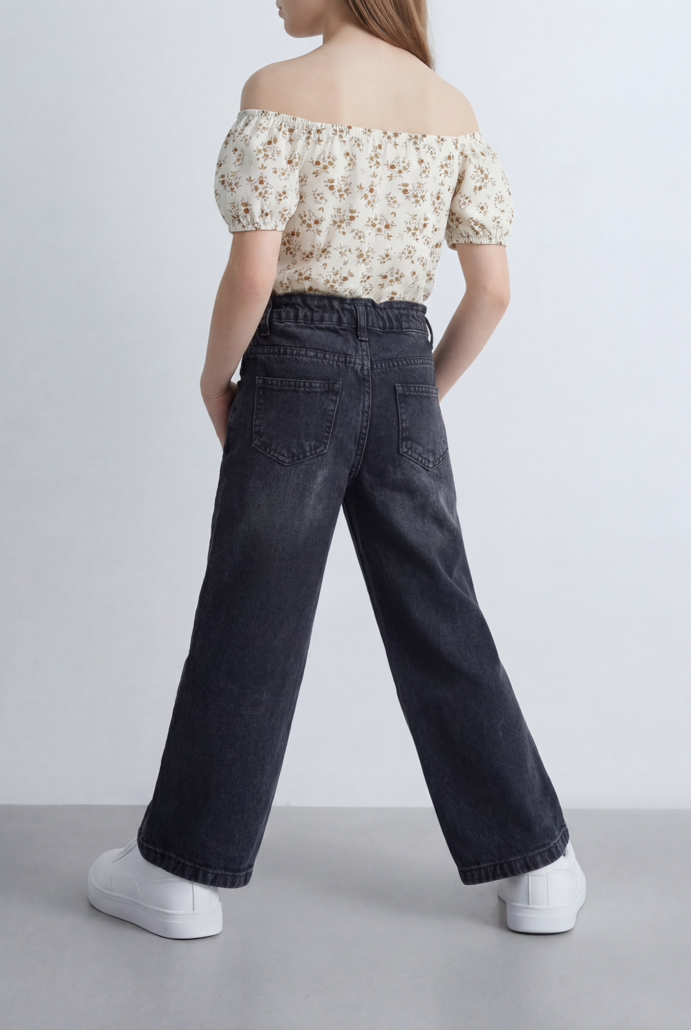 Girl's Tomato Store Wide Leg Denim Pants Drawcord Waist Cropped Length Utility Pocket Detail Washed Finish