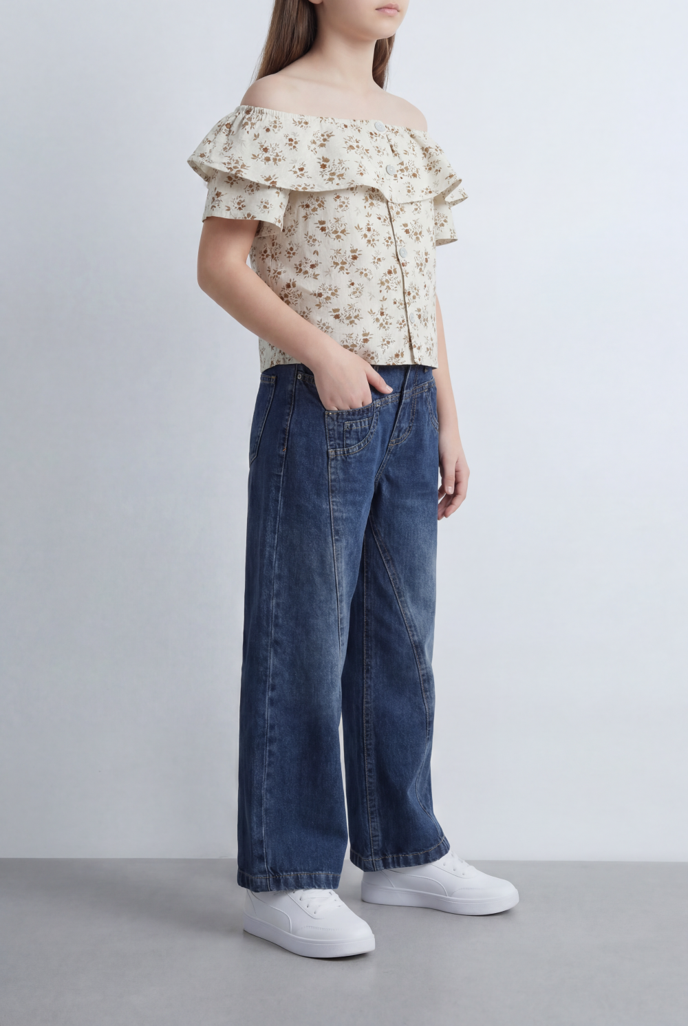 Girl's Tomato Store Wide Leg Denim Pants Drawcord Waist Cropped Length Utility Pocket Detail Washed Finish