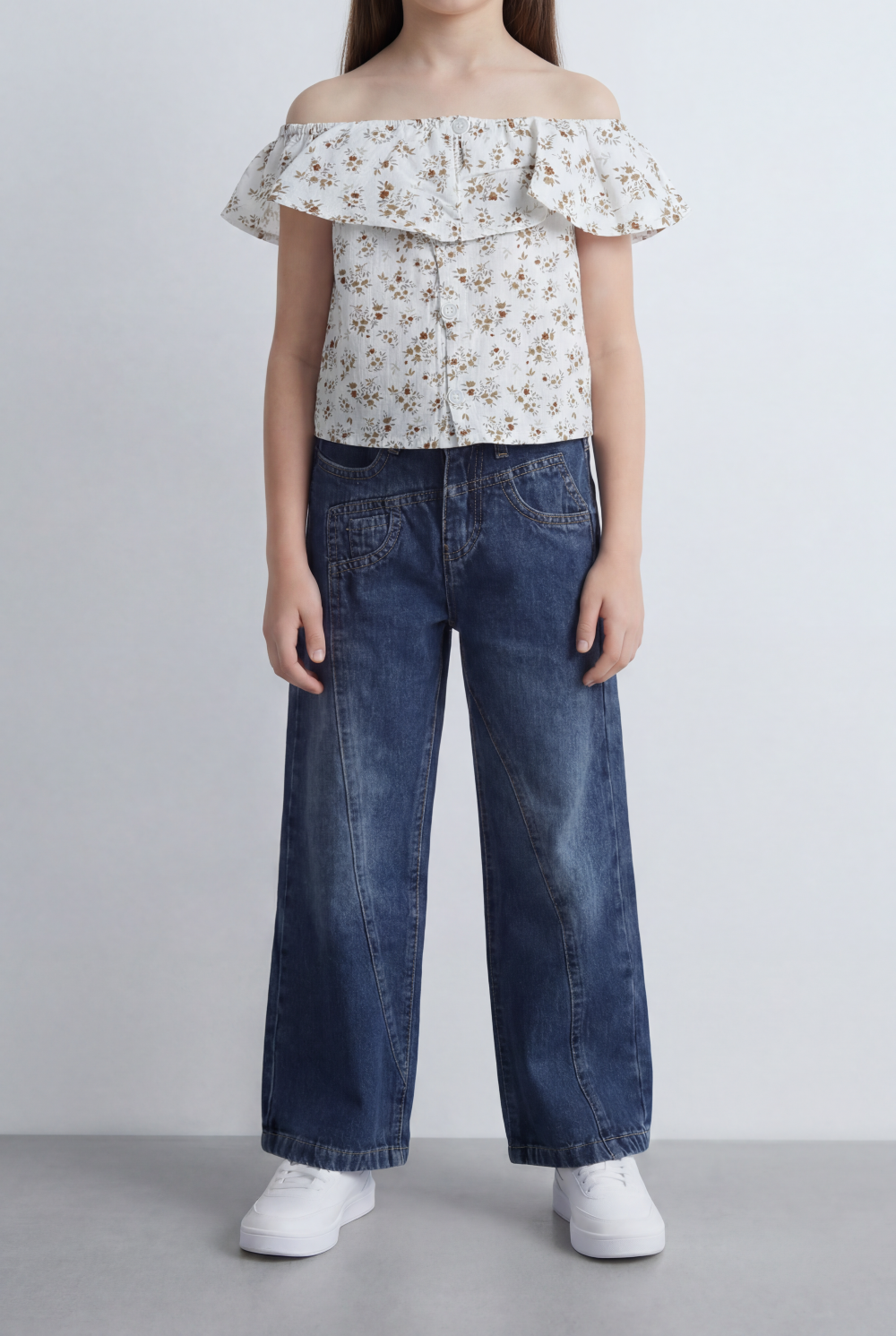 Girl's Tomato Store Wide Leg Denim Pants Drawcord Waist Cropped Length Utility Pocket Detail Washed Finish