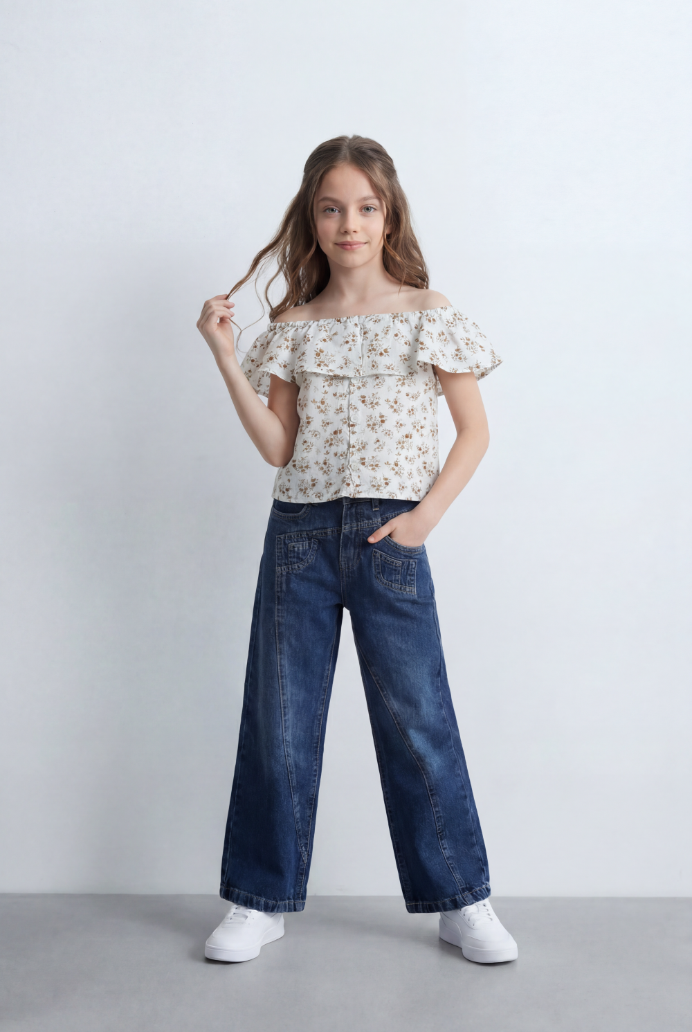 Girl's Tomato Store Wide Leg Denim Pants Drawcord Waist Cropped Length Utility Pocket Detail Washed Finish