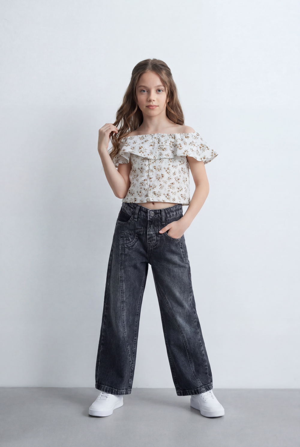 Girl's Tomato Store Wide Leg Denim Pants Drawcord Waist Cropped Length Utility Pocket Detail Washed Finish