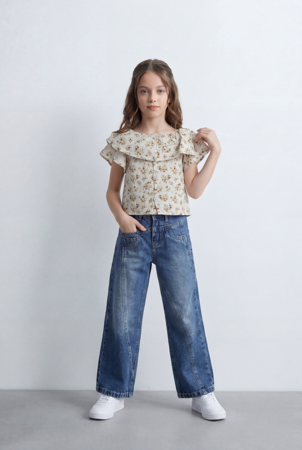 Girl's Tomato Store Wide Leg Denim Pants Drawcord Waist Cropped Length Utility Pocket Detail Washed Finish