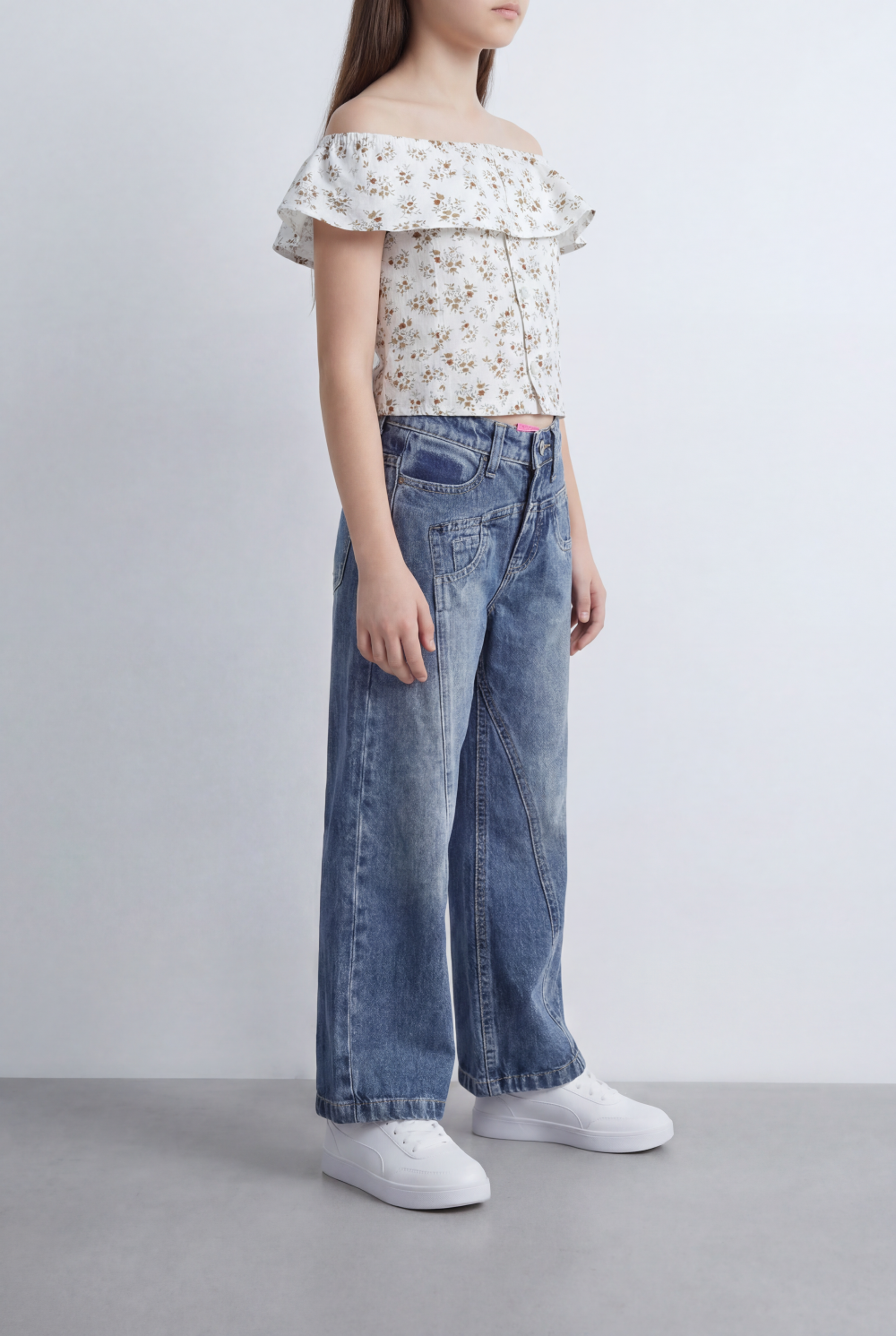 Girl's Tomato Store Wide Leg Denim Pants Drawcord Waist Cropped Length Utility Pocket Detail Washed Finish