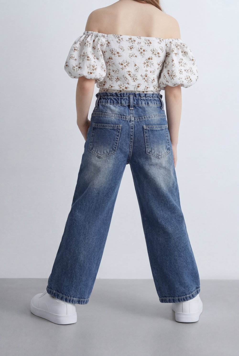 Girl's Tomato Store Wide Leg Denim Pants Drawcord Waist Cropped Length Utility Pocket Detail Washed Finish