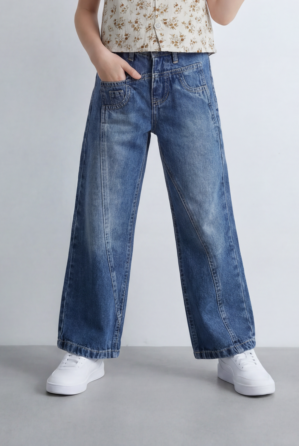Girl's Tomato Store Wide Leg Denim Pants Drawcord Waist Cropped Length Utility Pocket Detail Washed Finish
