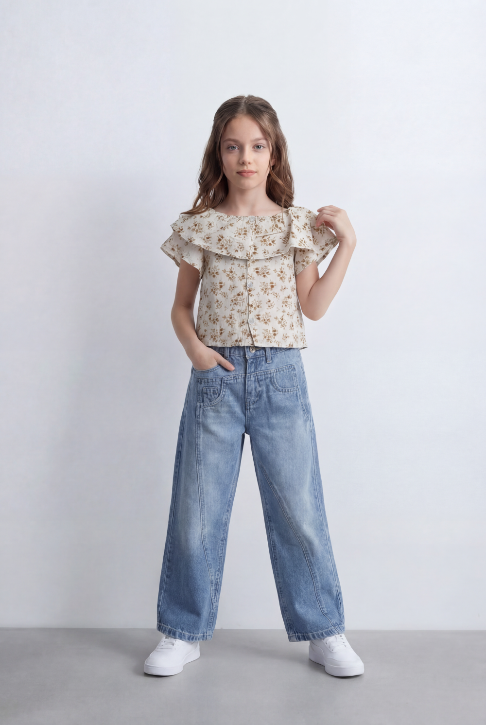 Girl's Tomato Store Wide Leg Denim Pants Drawcord Waist Cropped Length Utility Pocket Detail Washed Finish