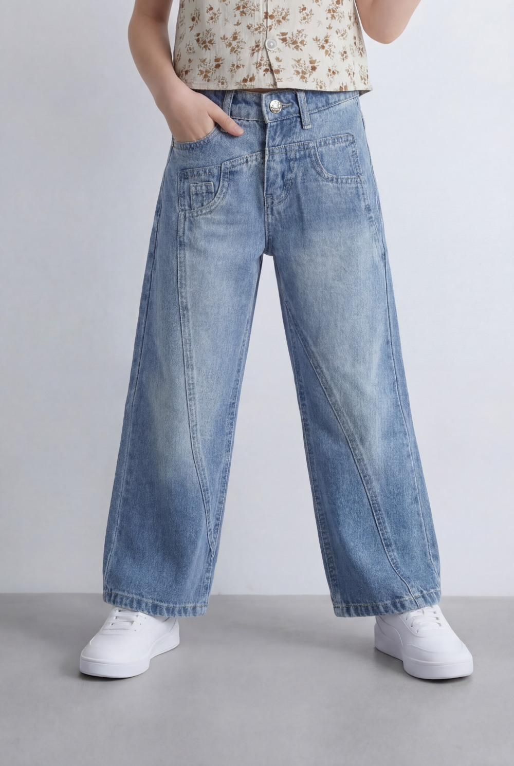 Girl's Tomato Store Wide Leg Denim Pants Drawcord Waist Cropped Length Utility Pocket Detail Washed Finish