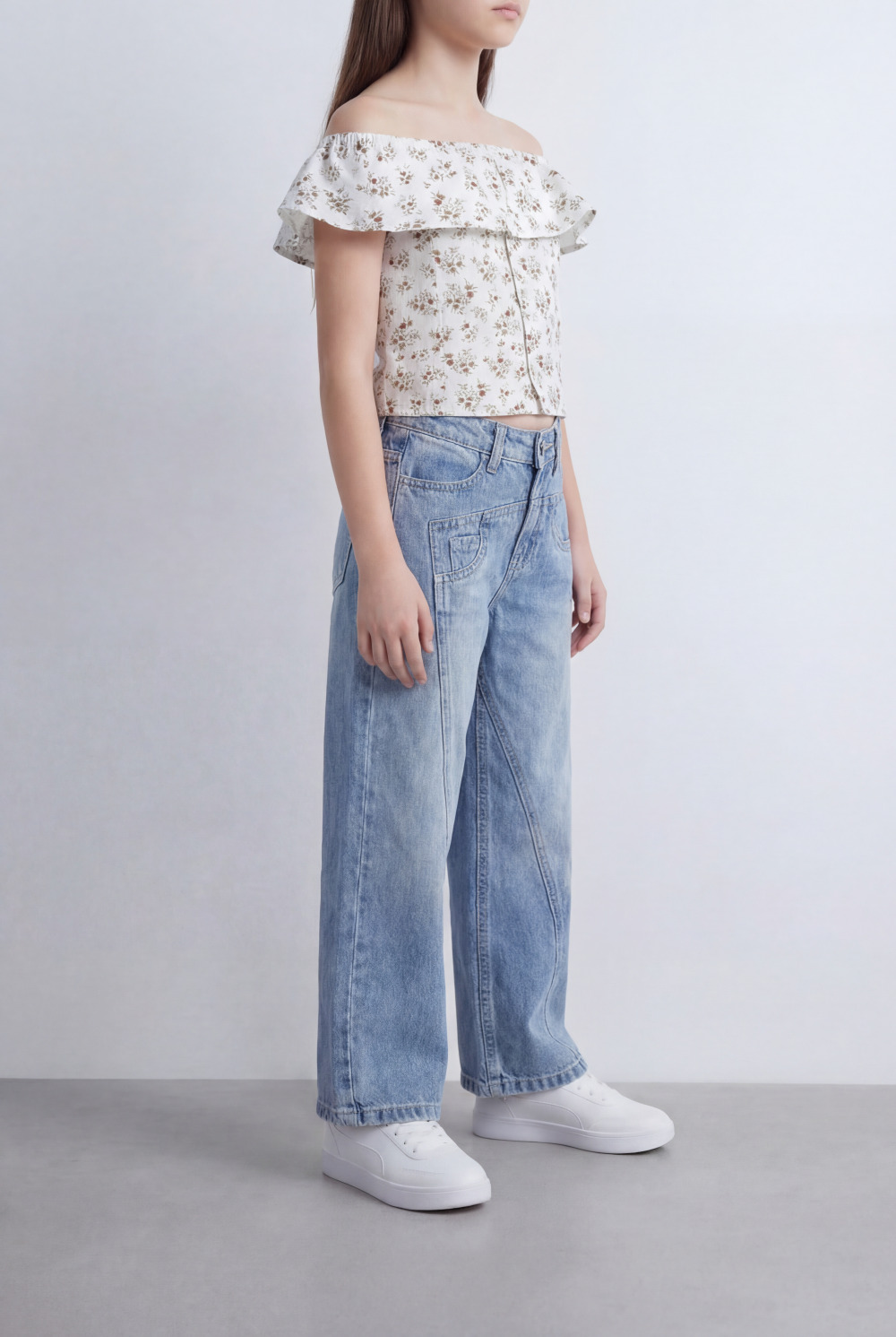Girl's Tomato Store Wide Leg Denim Pants Drawcord Waist Cropped Length Utility Pocket Detail Washed Finish