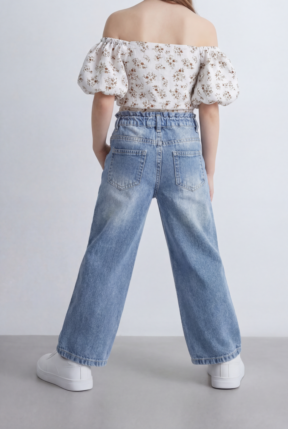 Girl's Tomato Store Wide Leg Denim Pants Drawcord Waist Cropped Length Utility Pocket Detail Washed Finish