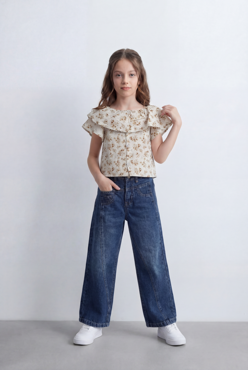 Girl's Tomato Store Wide Leg Denim Pants Drawcord Waist Cropped Length Utility Pocket Detail Washed Finish