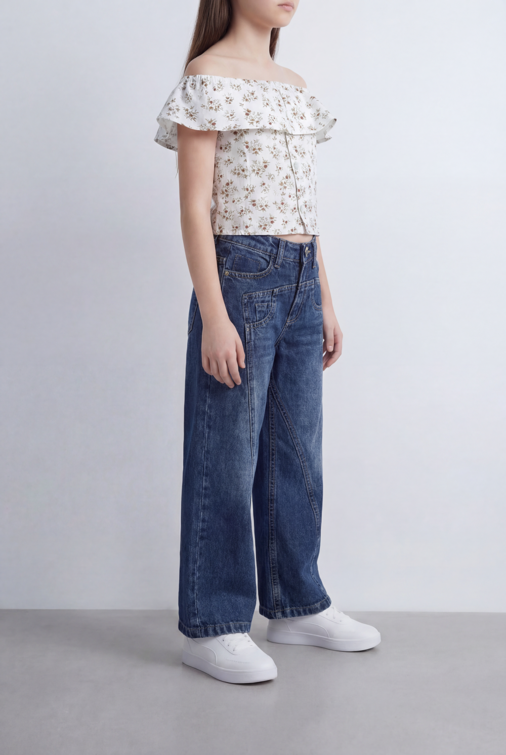 Girl's Tomato Store Wide Leg Denim Pants Drawcord Waist Cropped Length Utility Pocket Detail Washed Finish