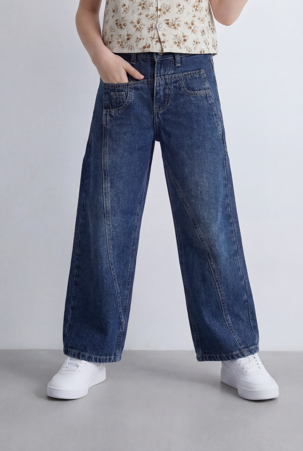 Girl's Tomato Store Wide Leg Denim Pants Drawcord Waist Cropped Length Utility Pocket Detail Washed Finish