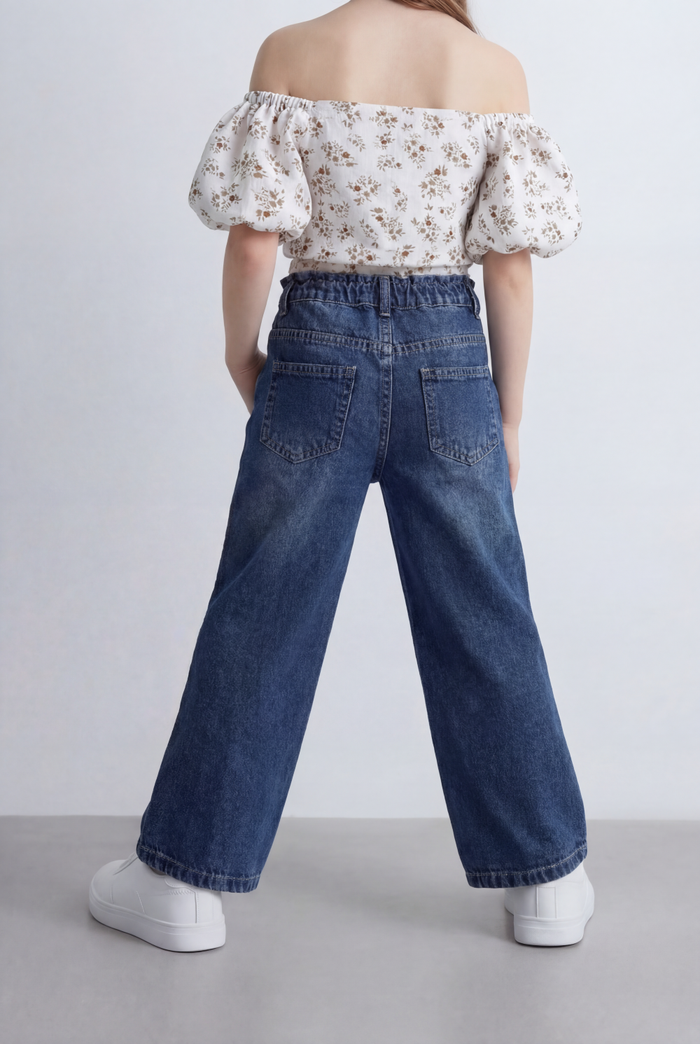 Girl's Tomato Store Wide Leg Denim Pants Drawcord Waist Cropped Length Utility Pocket Detail Washed Finish