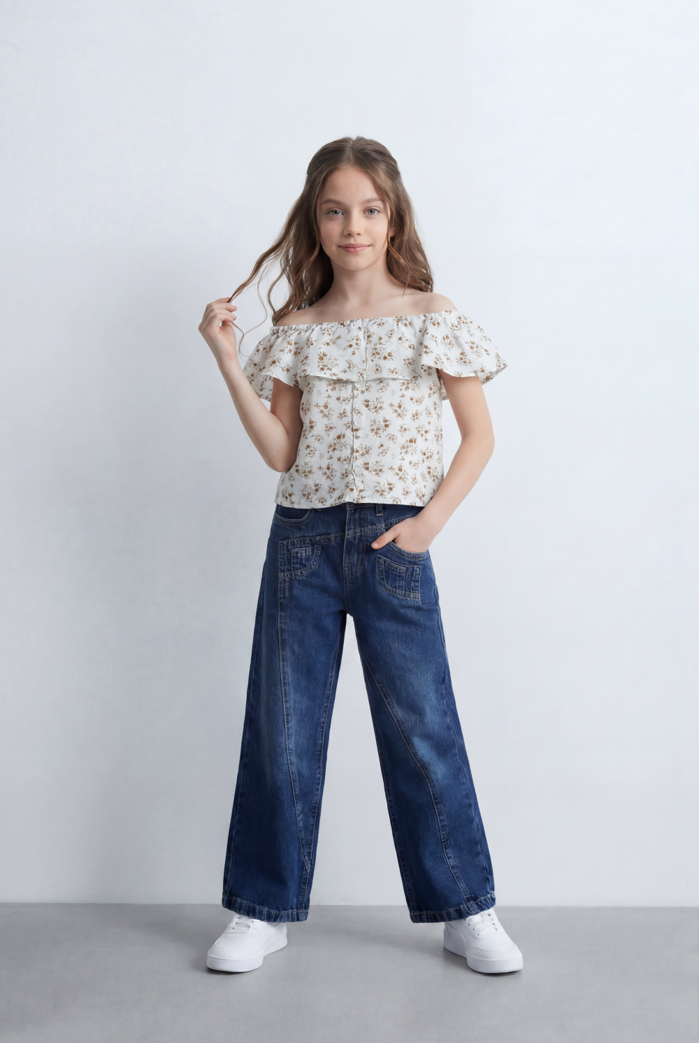 Girl's Tomato Store Wide Leg Denim Pants Drawcord Waist Cropped Length Utility Pocket Detail Washed Finish