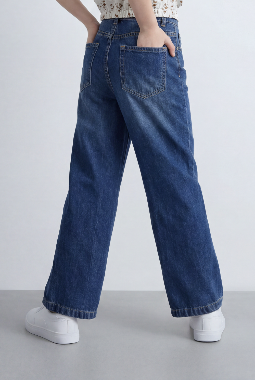 Girl's Tomato Store Wide Leg Denim Pants Drawcord Waist Cropped Length Utility Pocket Detail Washed Finish