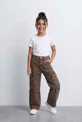Girl's Slouchy Cargo Jeans Denim Pants Washed Twill Multi-Pocket Street Style Trousers Tomato Store