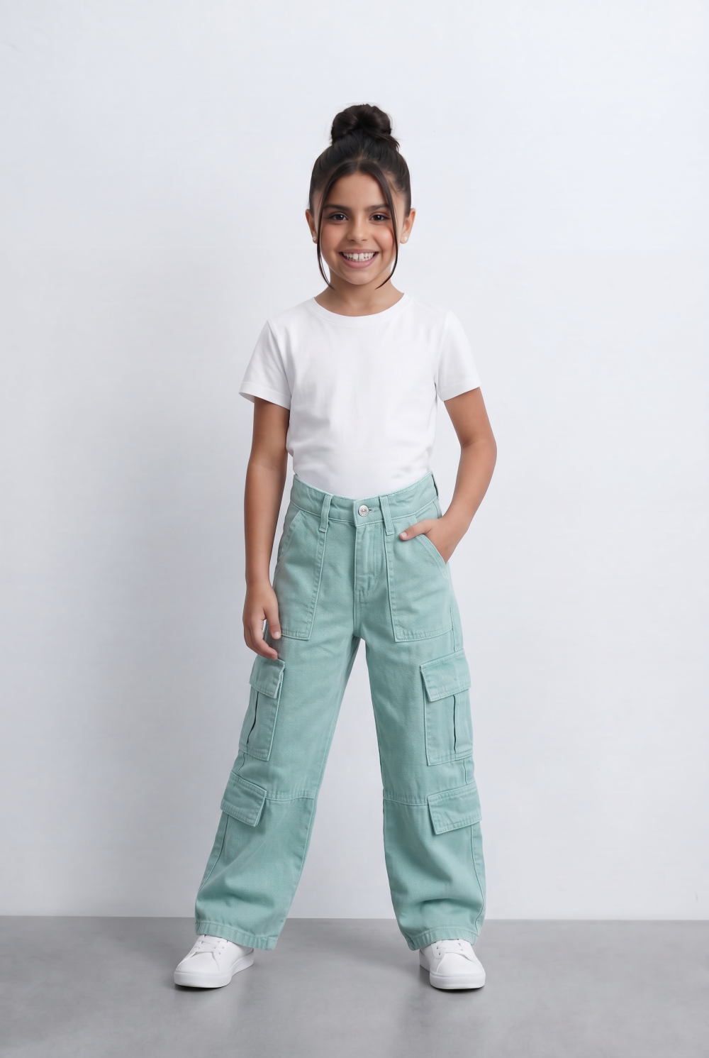 Girl's Slouchy Cargo Jeans Denim Pants Washed Twill Multi-Pocket Street Style Trousers Tomato Store