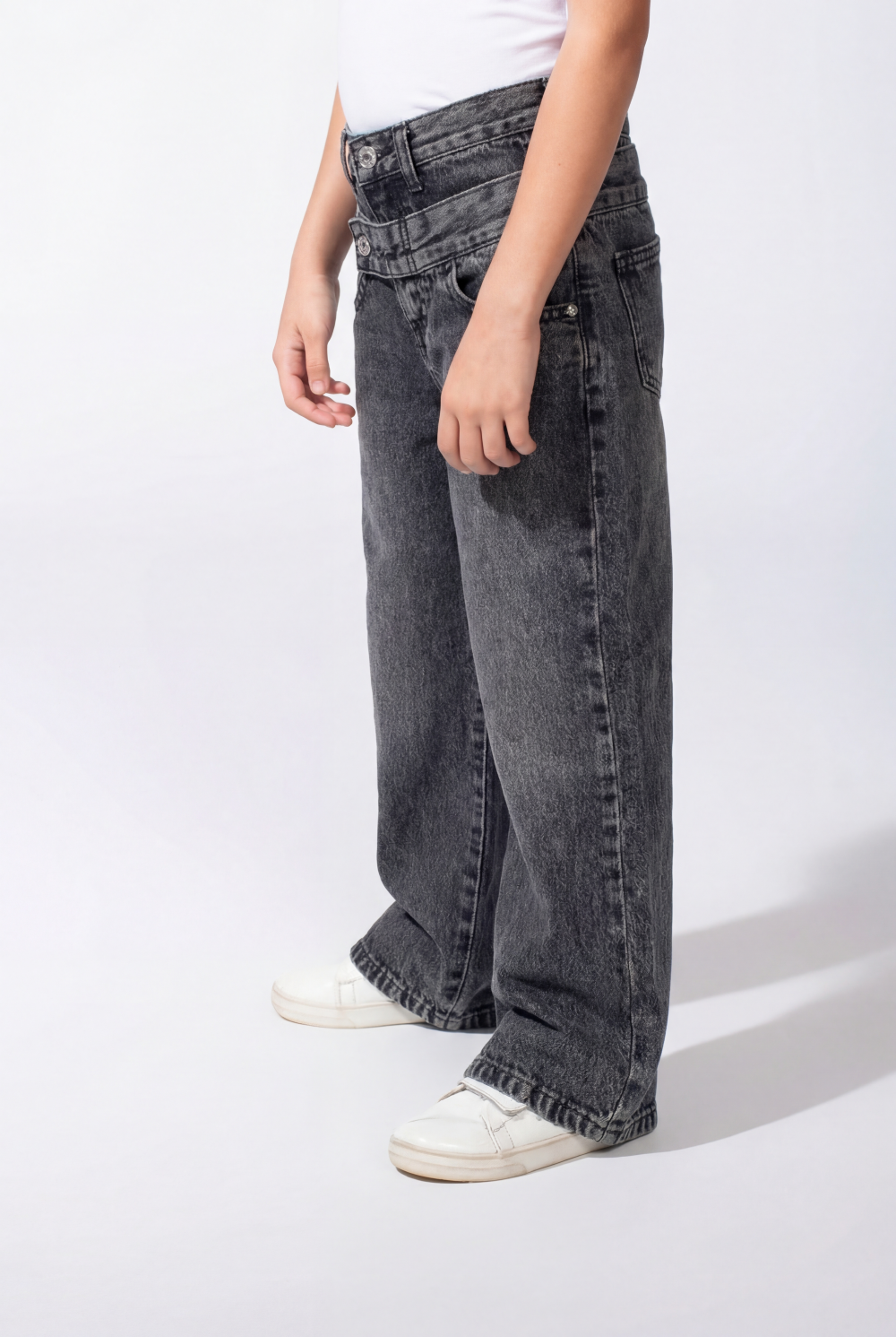 Girl’s Double Waistband Acid Wash Denim Dual Button Fastening Wide Leg Jeans Pants